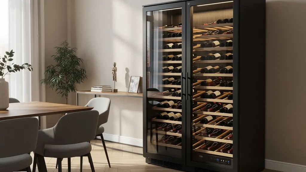 Cave à vin pose libre installée dans un salon contemporain français