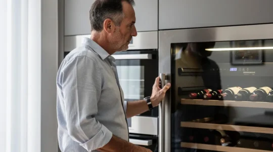 Amateur de vin consultant sa cave à vin intégrée dans une cuisine moderne