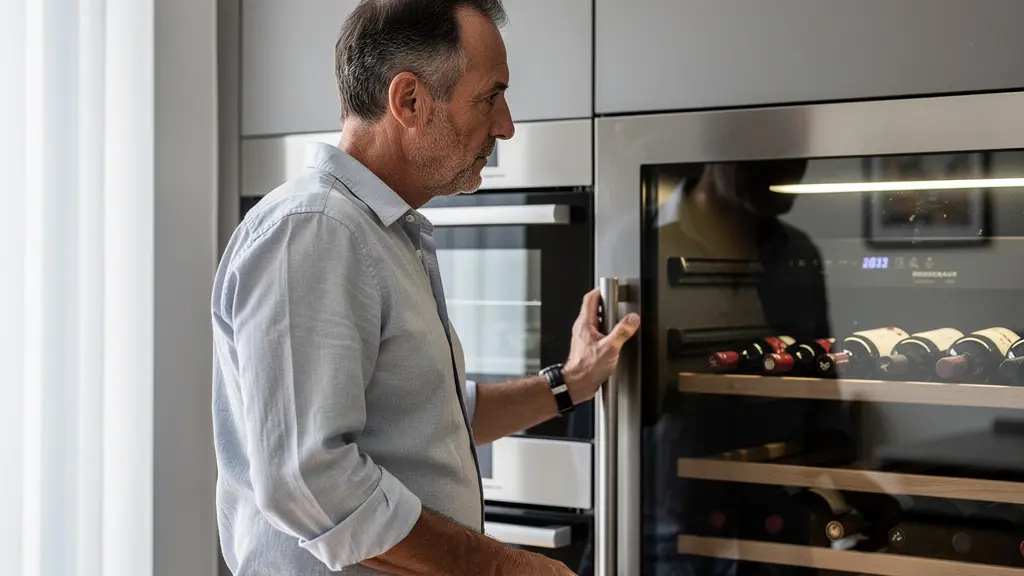 Amateur de vin consultant sa cave à vin intégrée dans une cuisine moderne