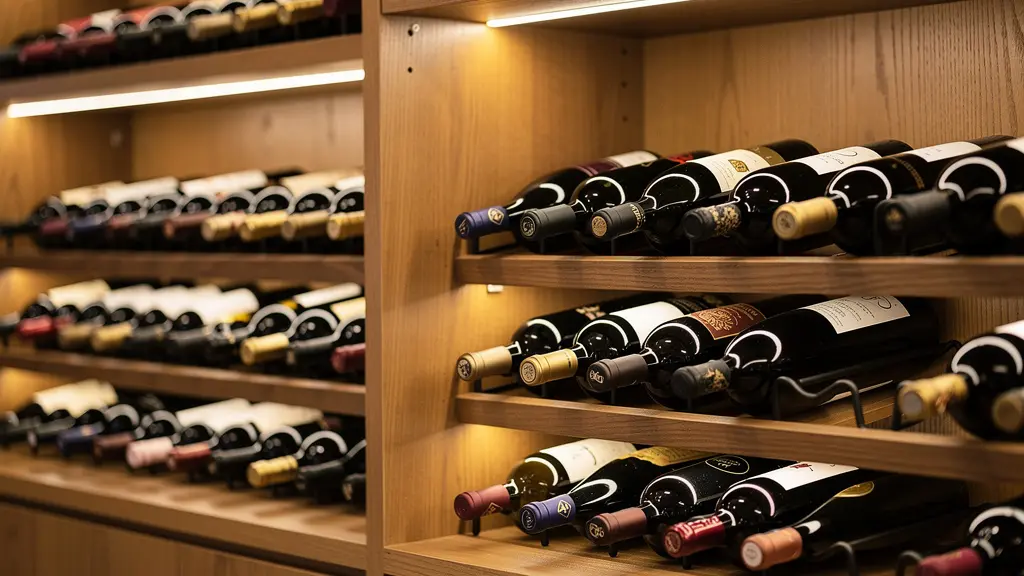 Clayettes en bois d'une cave à vin avec bouteilles rangées horizontalement
