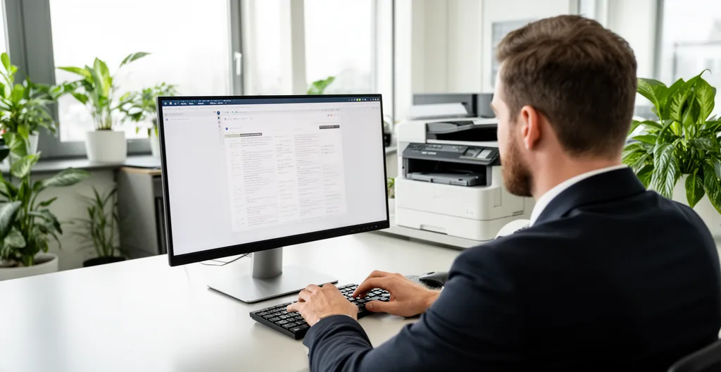 Office manager consultant tableau fournitures devant imprimante Brother professionnelle