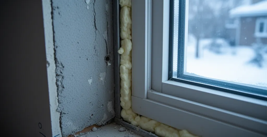 Détail joint fenêtre montrant défaut d'étanchéité périmétrique