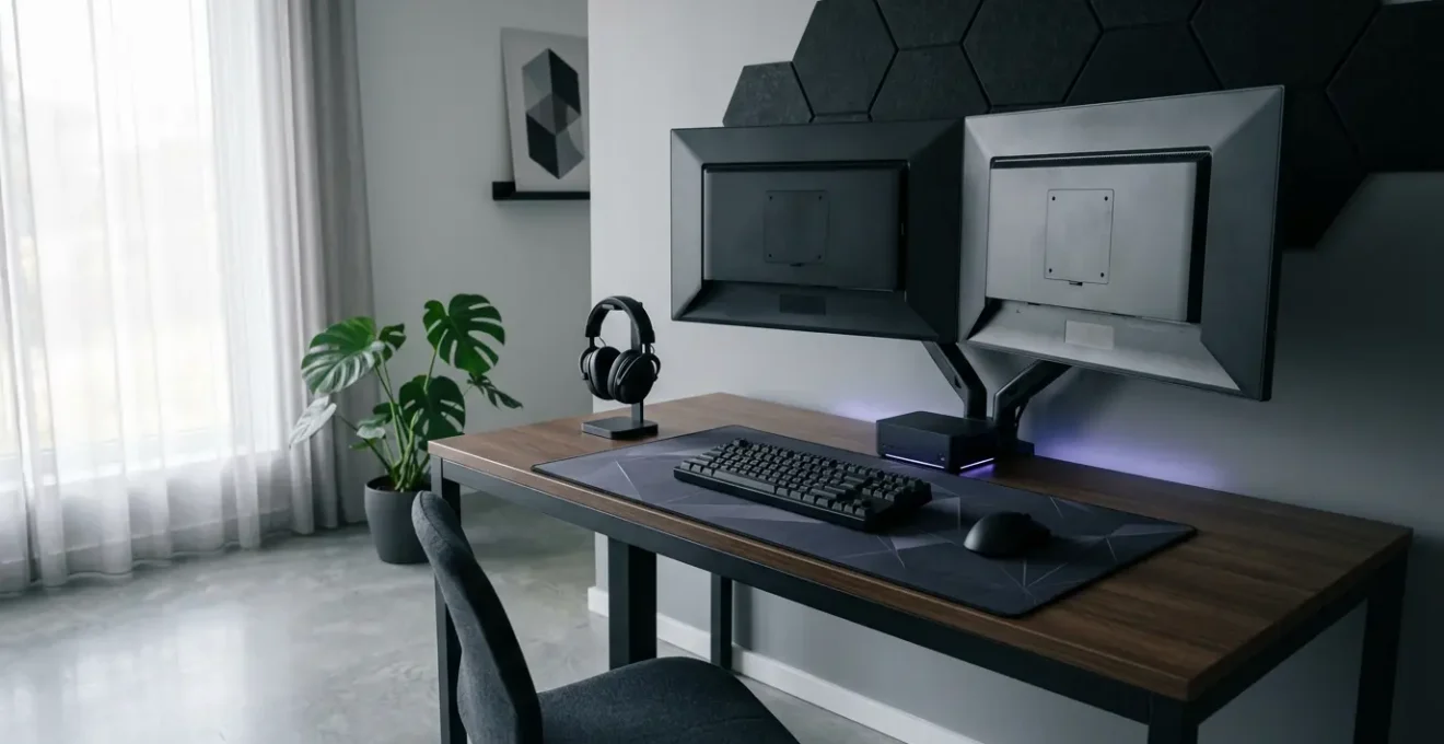 Setup gaming professionnel avec périphériques haut de gamme dans un environnement optimisé pour l'e-sport