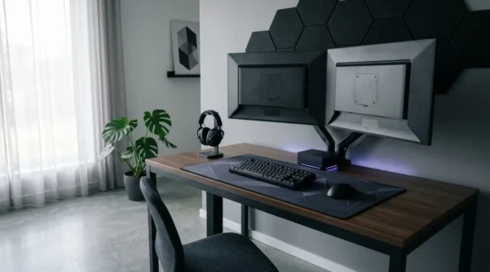Setup gaming professionnel avec périphériques haut de gamme dans un environnement optimisé pour l'e-sport
