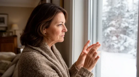 Femme touchant une fenêtre froide en hiver québécois, diagnostic infiltration air