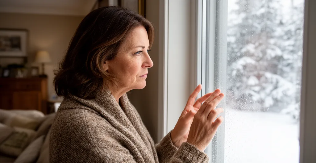 Femme touchant une fenêtre froide en hiver québécois, diagnostic infiltration air