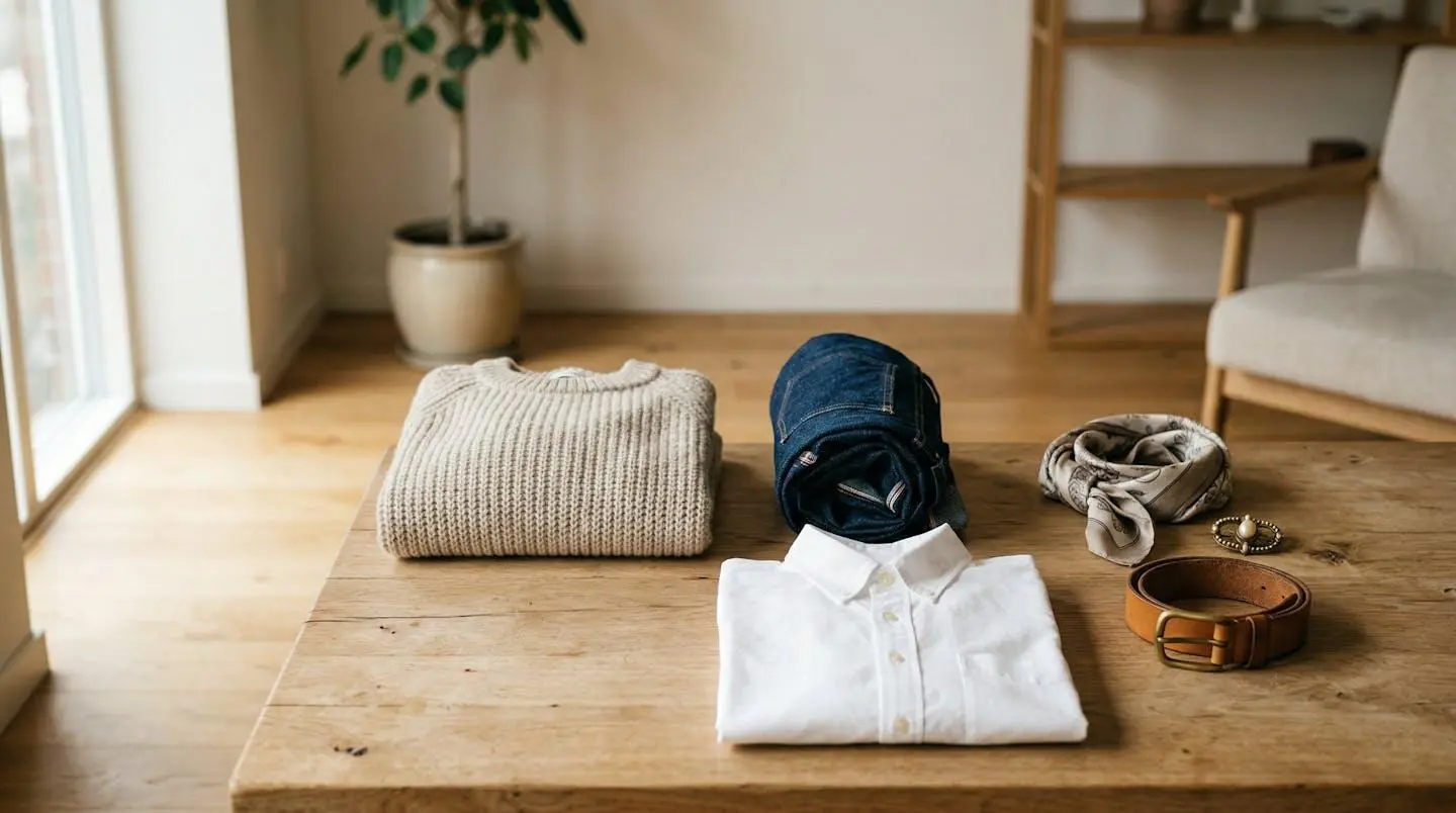 Composition mode minimaliste avec vêtements basiques et accessoires tendances sur surface en bois naturel