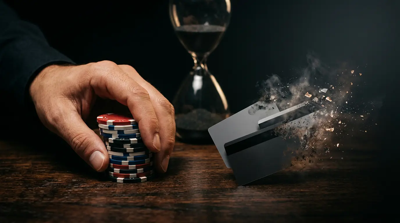 Main tenant des jetons de poker et cartes bancaires illustrant la gestion d'une bankroll de paris sportifs