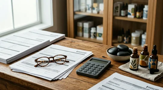 Consultation en cabinet médical avec dossier de remboursement mutuelle et documents administratifs