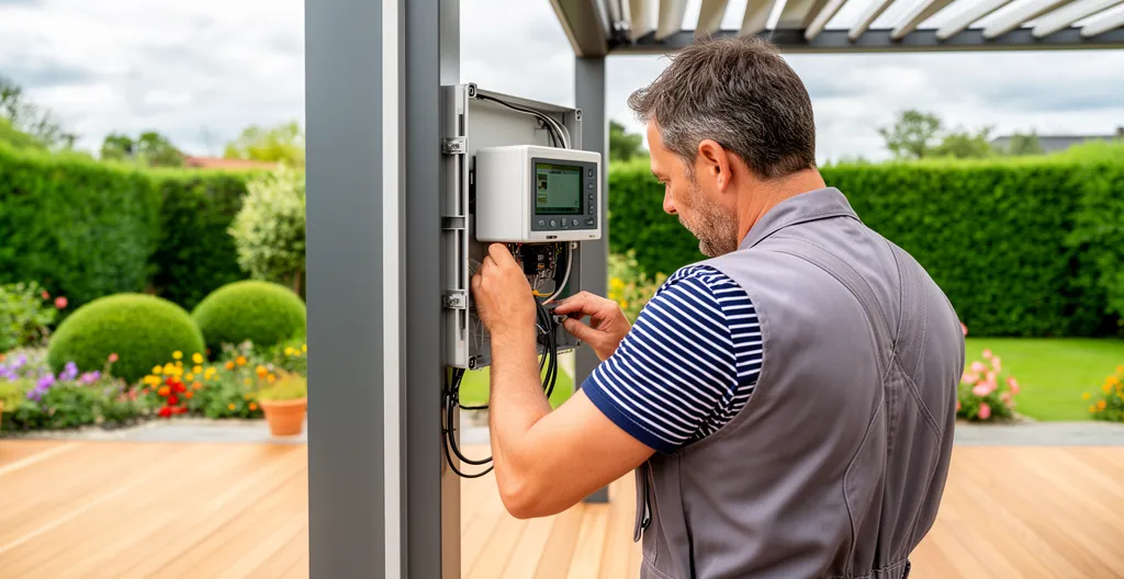 Technicien vérifiant la motorisation d'une pergola bioclimatique lors de l'installation