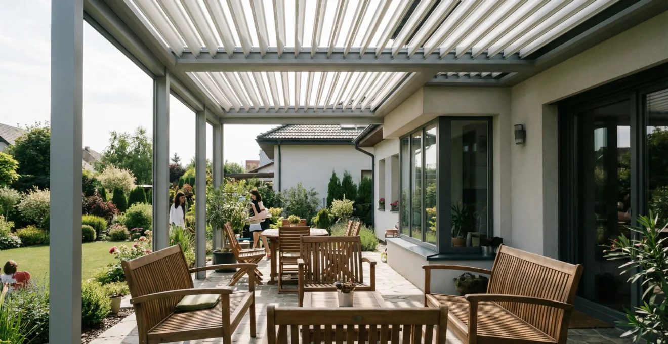 Pergola bioclimatique avec lames entrouvertes filtrant la lumière naturelle sur terrasse résidentielle