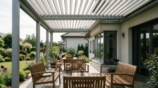 Pergola bioclimatique avec lames entrouvertes filtrant la lumière naturelle sur terrasse résidentielle