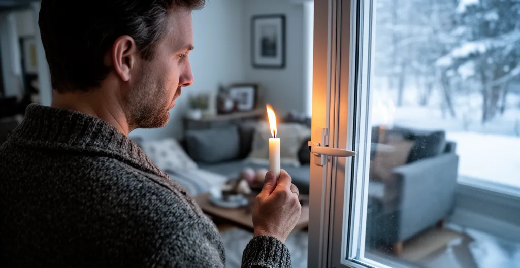 Test diagnostic infiltration air fenêtre avec bougie flamme vacillante