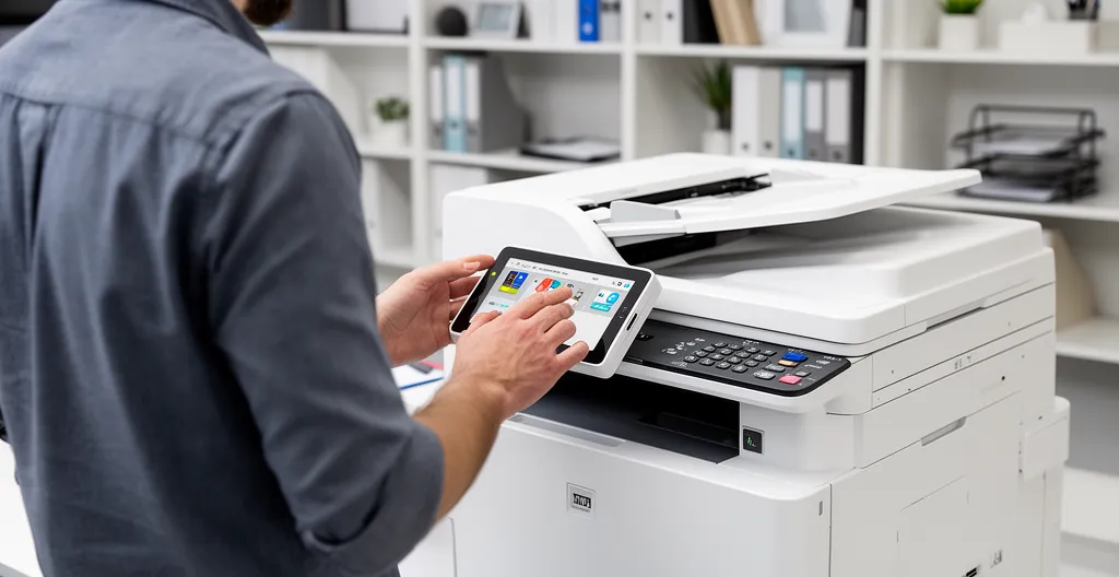 Employé vérifiant le niveau d'encre sur écran LCD imprimante Brother professionnelle