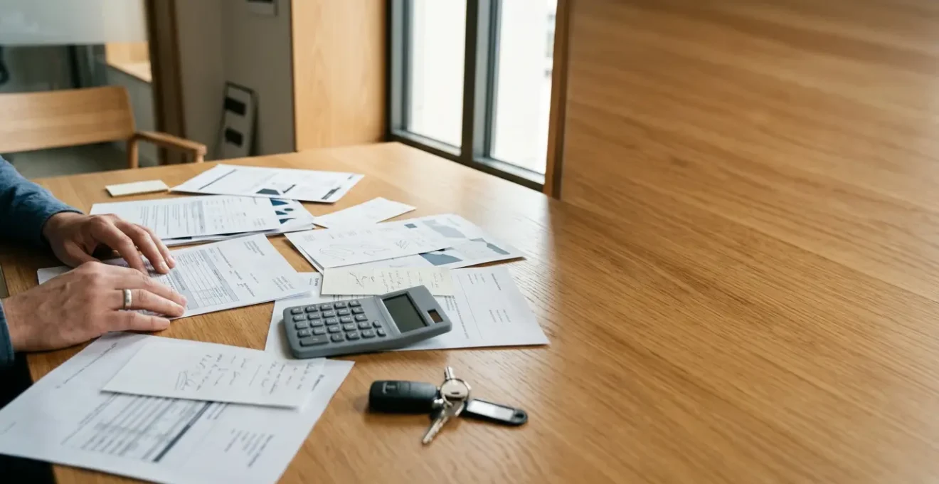 Vue grand angle d'une famille consultant des documents administratifs sur une table en bois, lumière naturelle douce, concept de planification budgétaire automobile