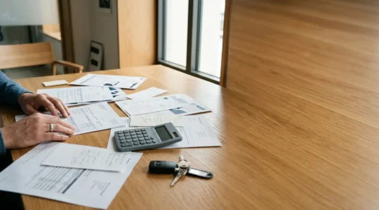 Vue grand angle d'une famille consultant des documents administratifs sur une table en bois, lumière naturelle douce, concept de planification budgétaire automobile