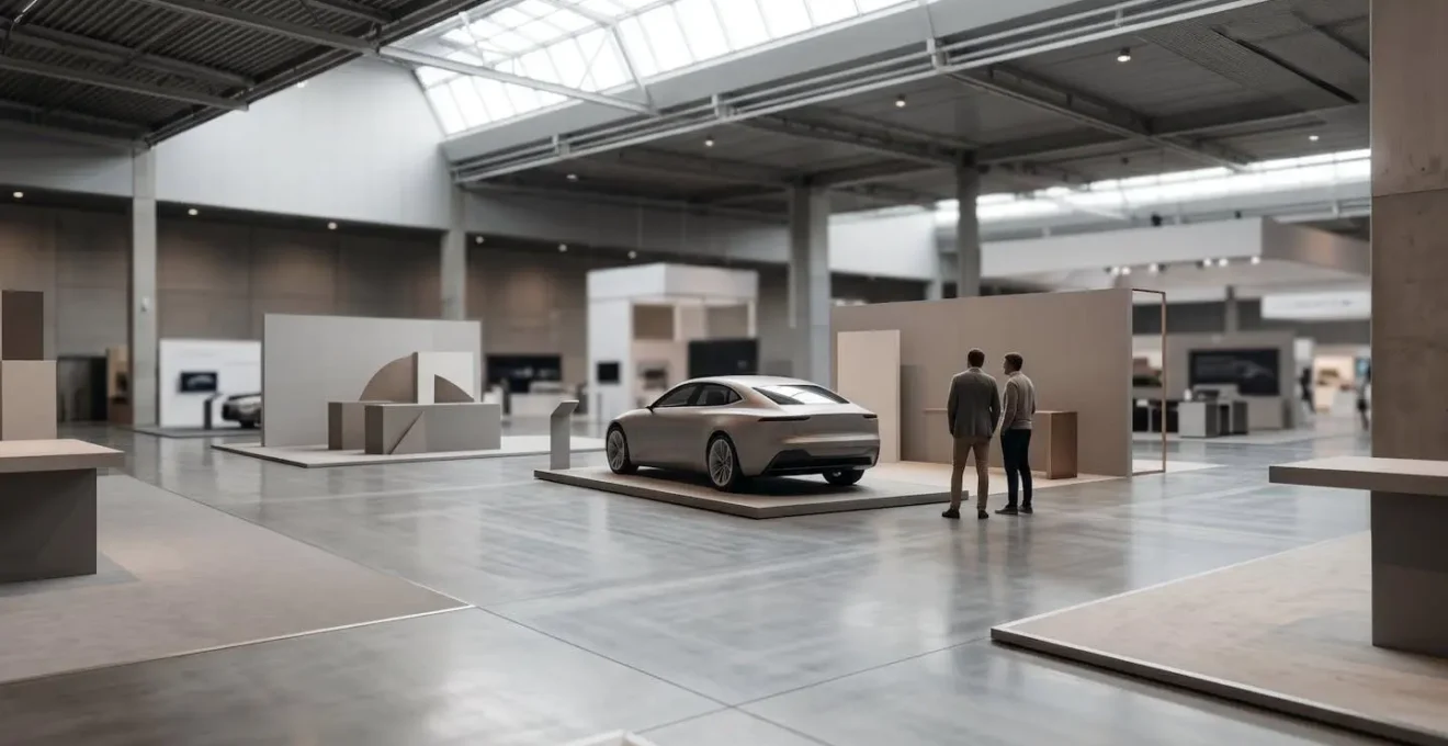 Atmosphère sereine d'un salon automobile en semaine avec accès privilégié aux véhicules