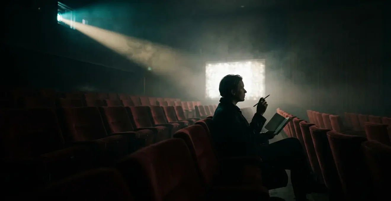 Spectateur dans une salle de cinéma analysant un film d'auteur complexe avec projections lumineuses