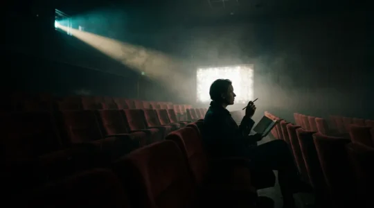 Spectateur dans une salle de cinéma analysant un film d'auteur complexe avec projections lumineuses