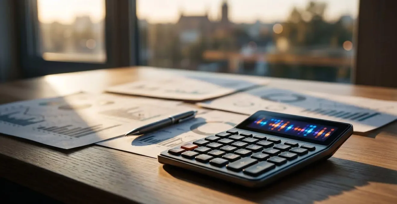 Bureau minimaliste avec calculatrice moderne et documents financiers floutés en arrière-plan