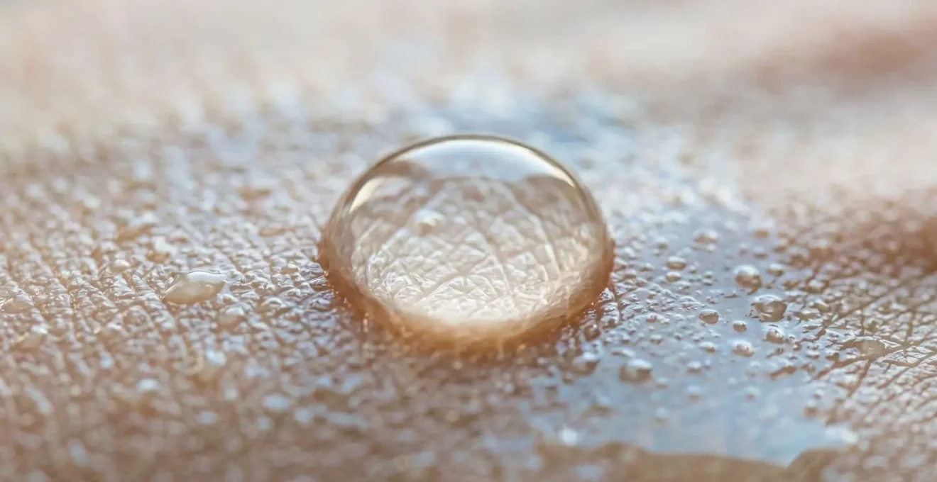 Gros plan macro sur une goutte de sérum d'acide hyaluronique appliquée sur une peau hydratée illustrant la technique d'application correcte