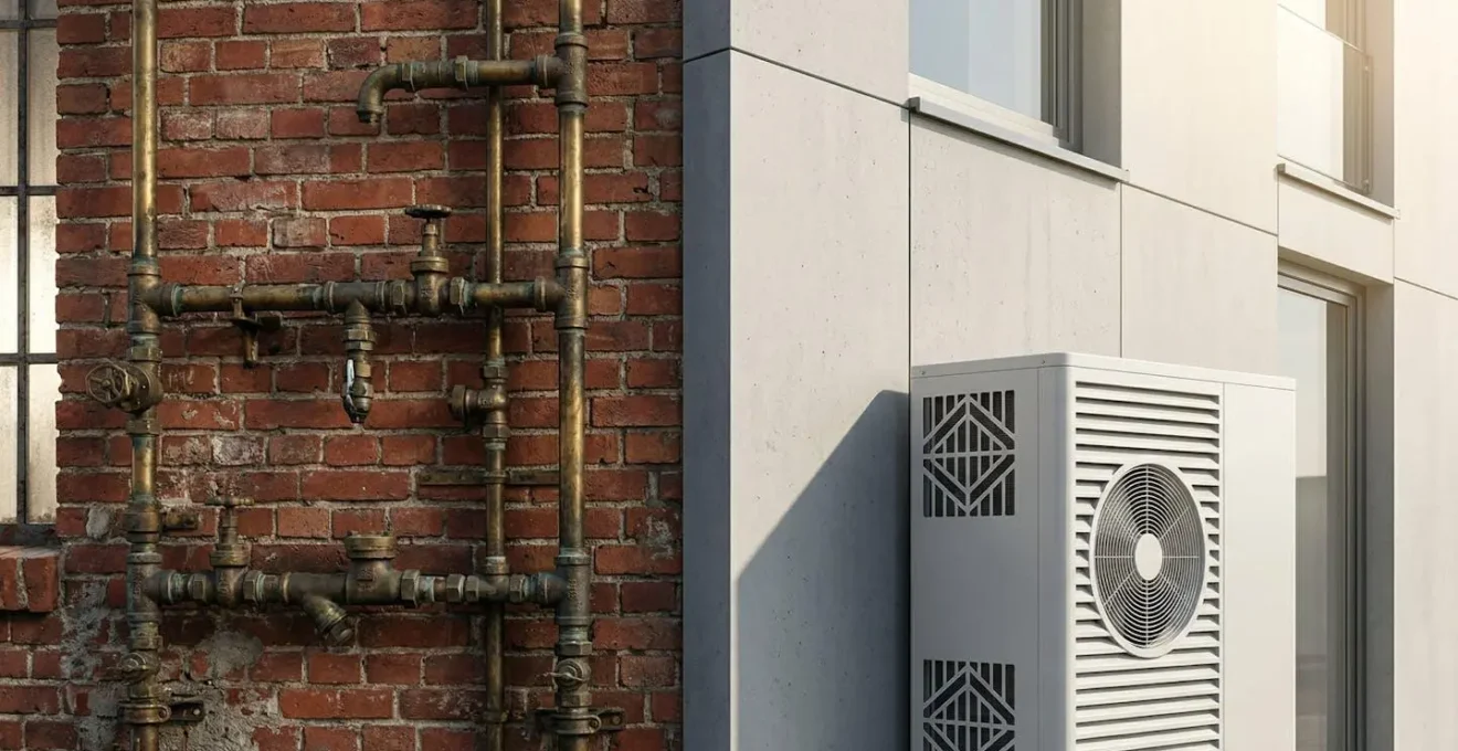 Comparaison visuelle entre système de chauffage traditionnel au gaz et alternatives écologiques dans un contexte architectural moderne