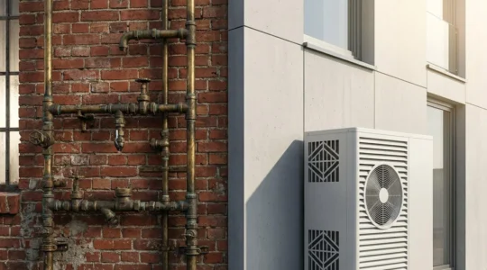 Comparaison visuelle entre système de chauffage traditionnel au gaz et alternatives écologiques dans un contexte architectural moderne