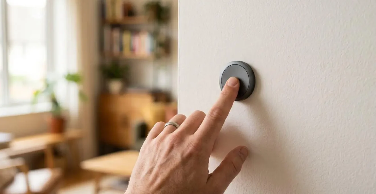 Main appuyant sur un bouton connecté discret fixé au mur pour contrôler le chauffage