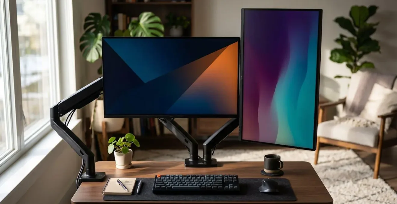 Configuration verticale de double écran avec bras articulés dans un espace réduit