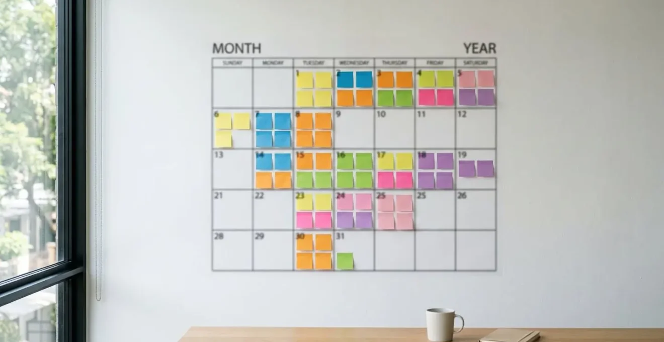 Calendrier mural avec marqueurs colorés et post-it pour dates importantes