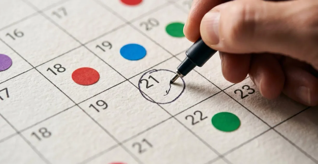 Vue macro d'un calendrier papier avec des pastilles colorées représentant différents services streaming, une main tenant un stylo pour marquer les dates