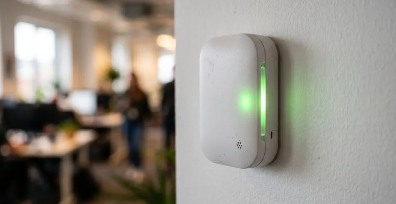 Gros plan sur un capteur de CO2 moderne installé dans un bureau avec indicateur lumineux vert