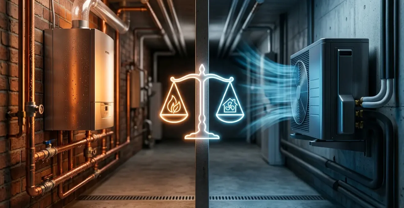 Comparaison visuelle entre système de chauffage gaz et électrique dans maison moderne française