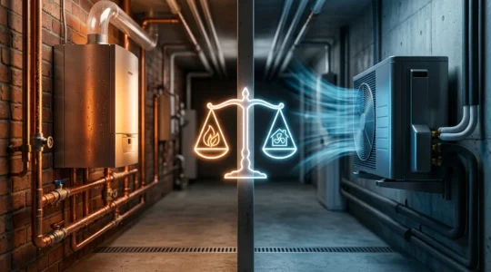 Comparaison visuelle entre système de chauffage gaz et électrique dans maison moderne française