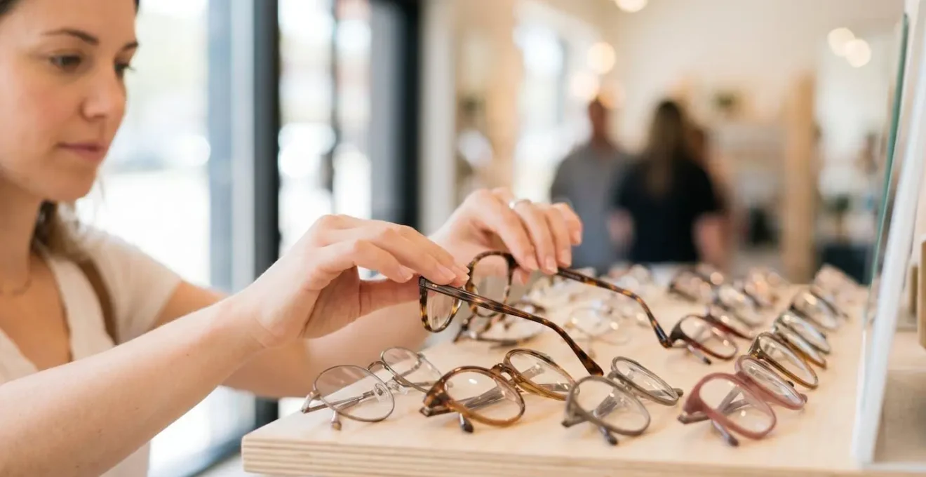 Présentoir de lunettes dans un magasin d'optique avec mise au point sélective