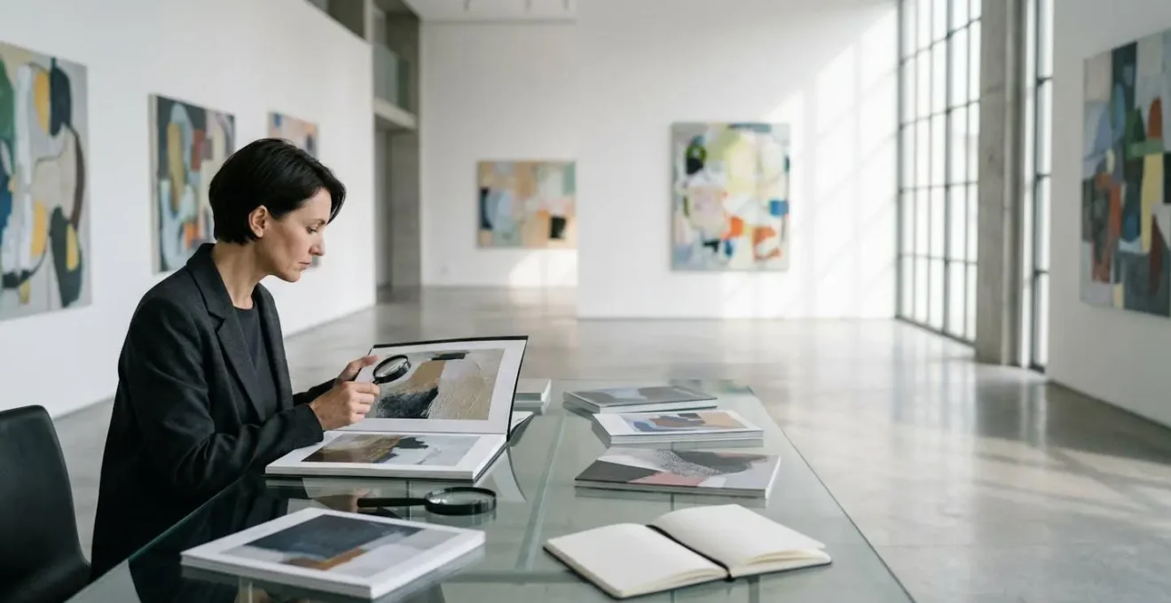 Collectionneur examinant des œuvres d'art contemporain dans une galerie minimaliste