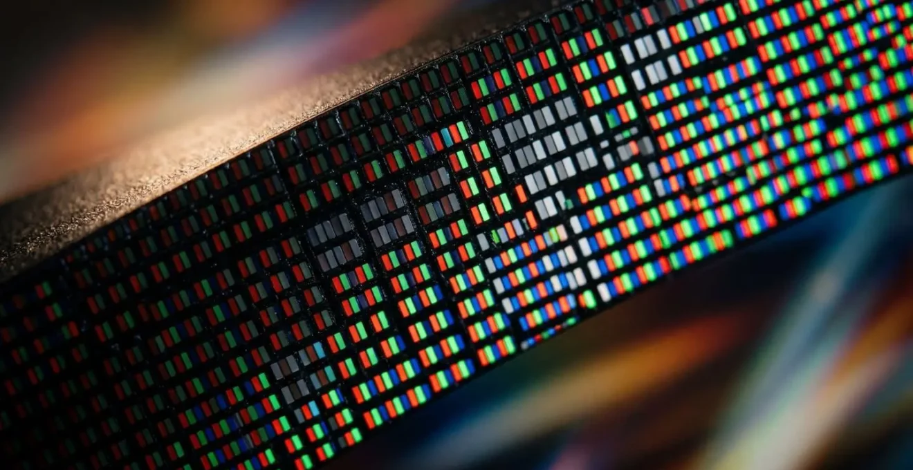 Détail macro des pixels d'un écran gaming montrant la transition des couleurs