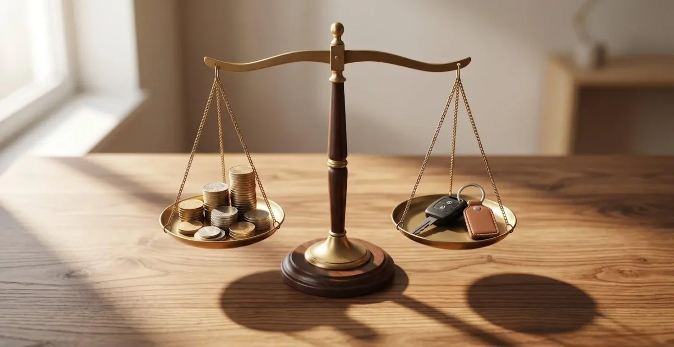 Composition minimaliste montrant une calculatrice et des clés de voiture sur un bureau en bois, symbolisant le choix entre salaire et avantages