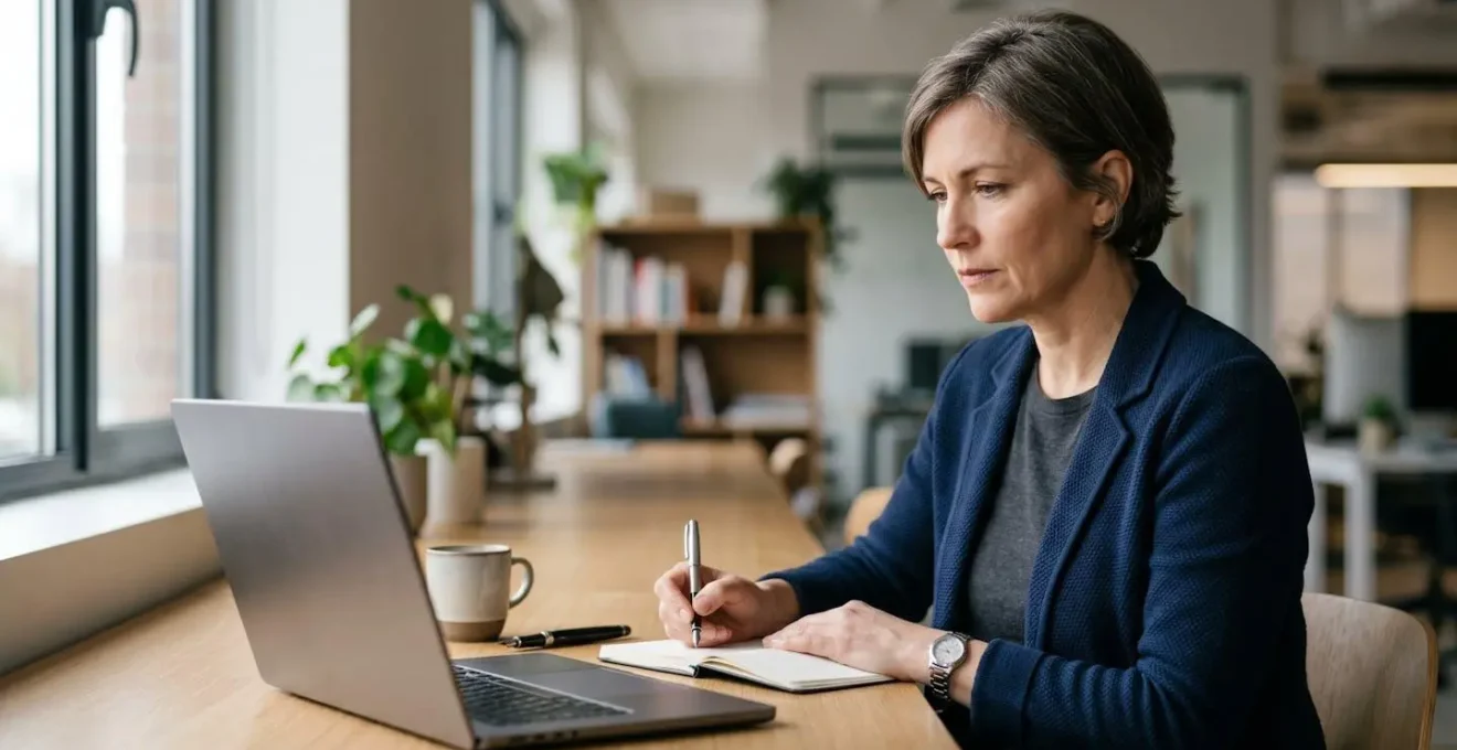 Professionnel mature en formation numérique avec ordinateur portable vu de profil dans un espace moderne