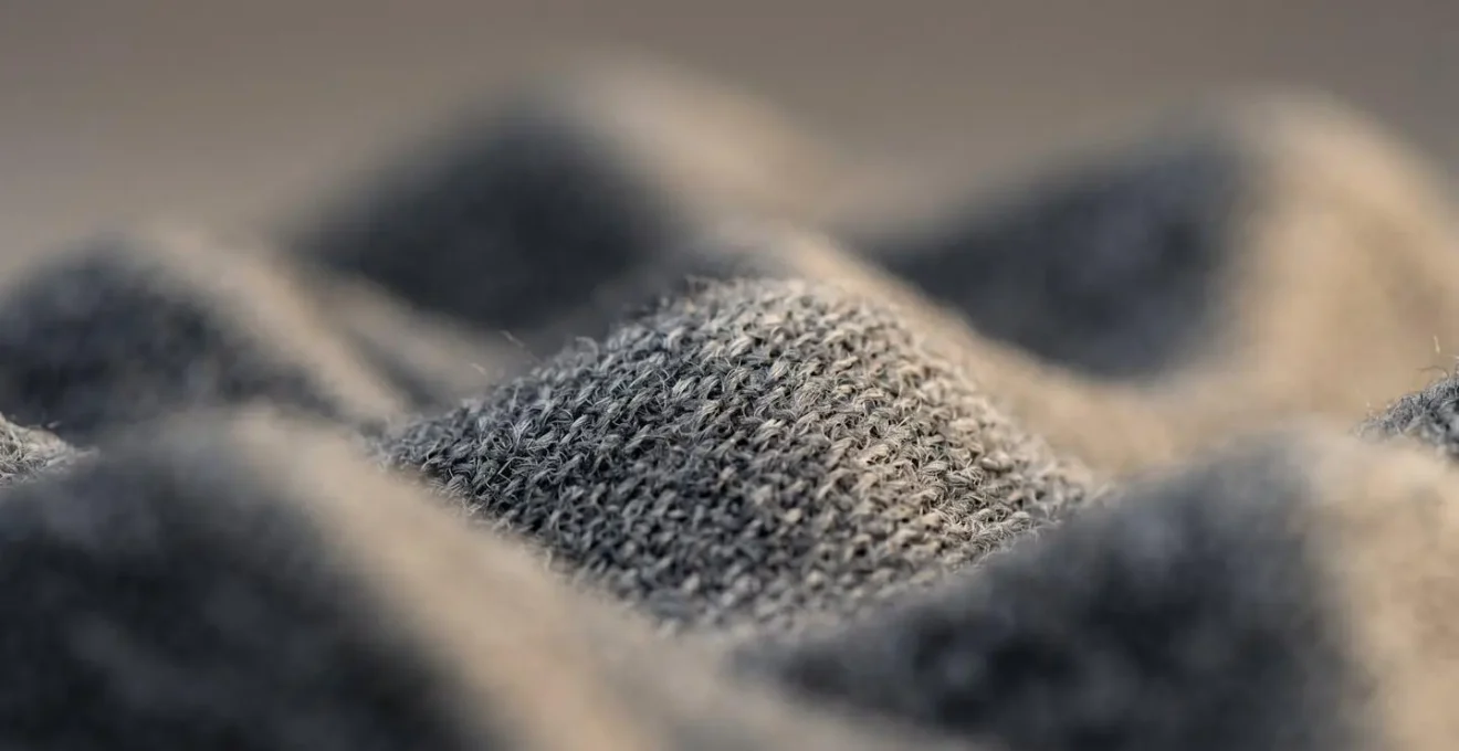 Détail macro d'une surface textile absorbant le son avec texture douce symbolisant l'isolation acoustique