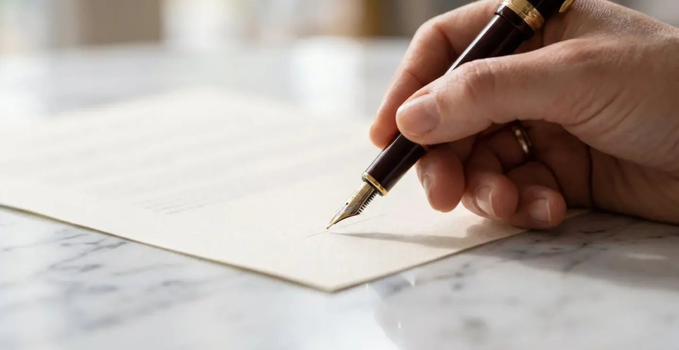 Mains signant un contrat d'acquisition d'œuvre dans une galerie avec un stylo plume sur une table en marbre