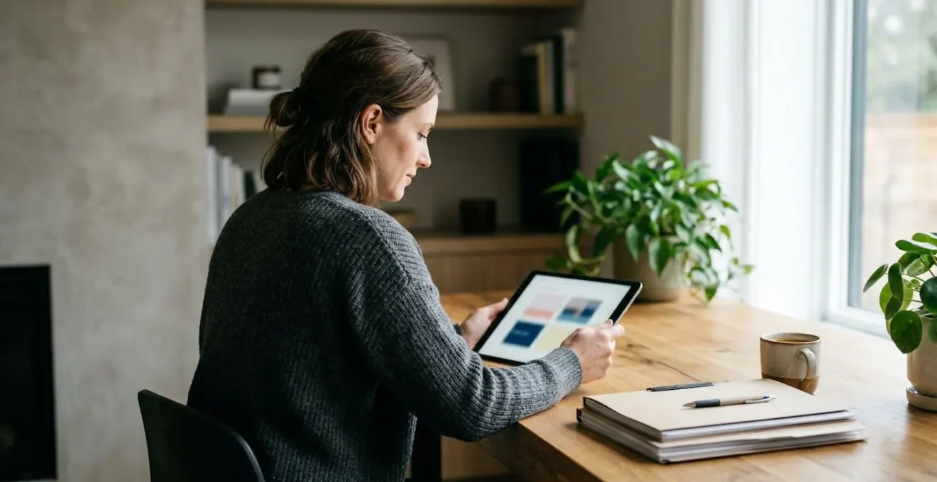 Personne gérant ses documents de santé numériques sur une interface sécurisée dans un environnement calme et privé