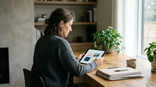 Personne gérant ses documents de santé numériques sur une interface sécurisée dans un environnement calme et privé