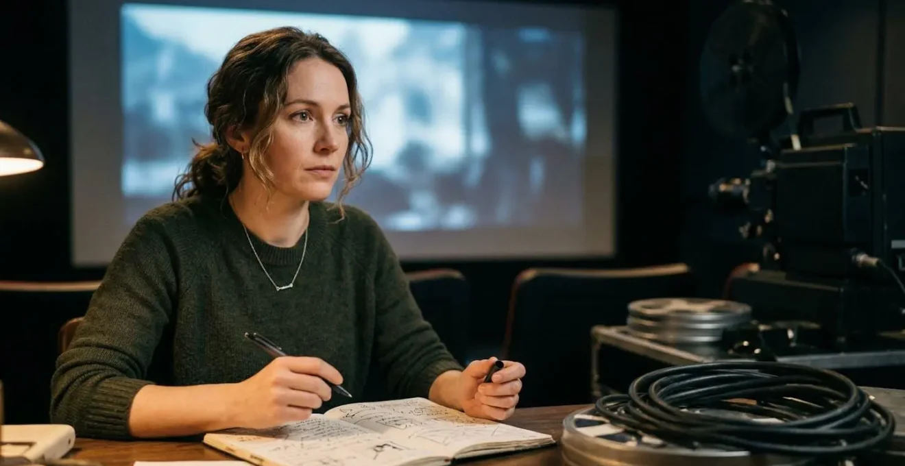 Critique de cinéma en train d'analyser des séquences de film avec carnet de notes et écran en arrière-plan
