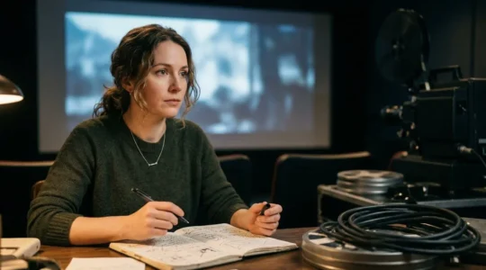 Critique de cinéma en train d'analyser des séquences de film avec carnet de notes et écran en arrière-plan