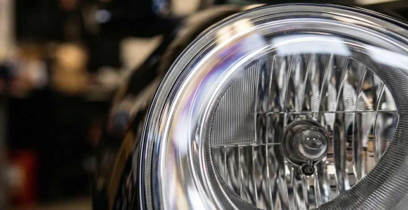 Gros plan sur des optiques de phares automobiles rénovés avec reflets cristallins