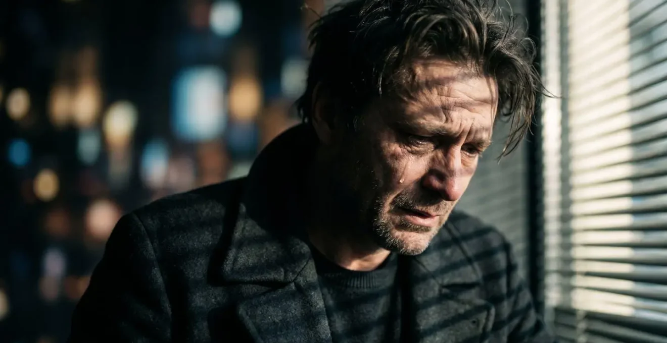 Jeu d'ombres et de lumière sur un visage révélant l'état psychologique d'un personnage de film d'auteur.
