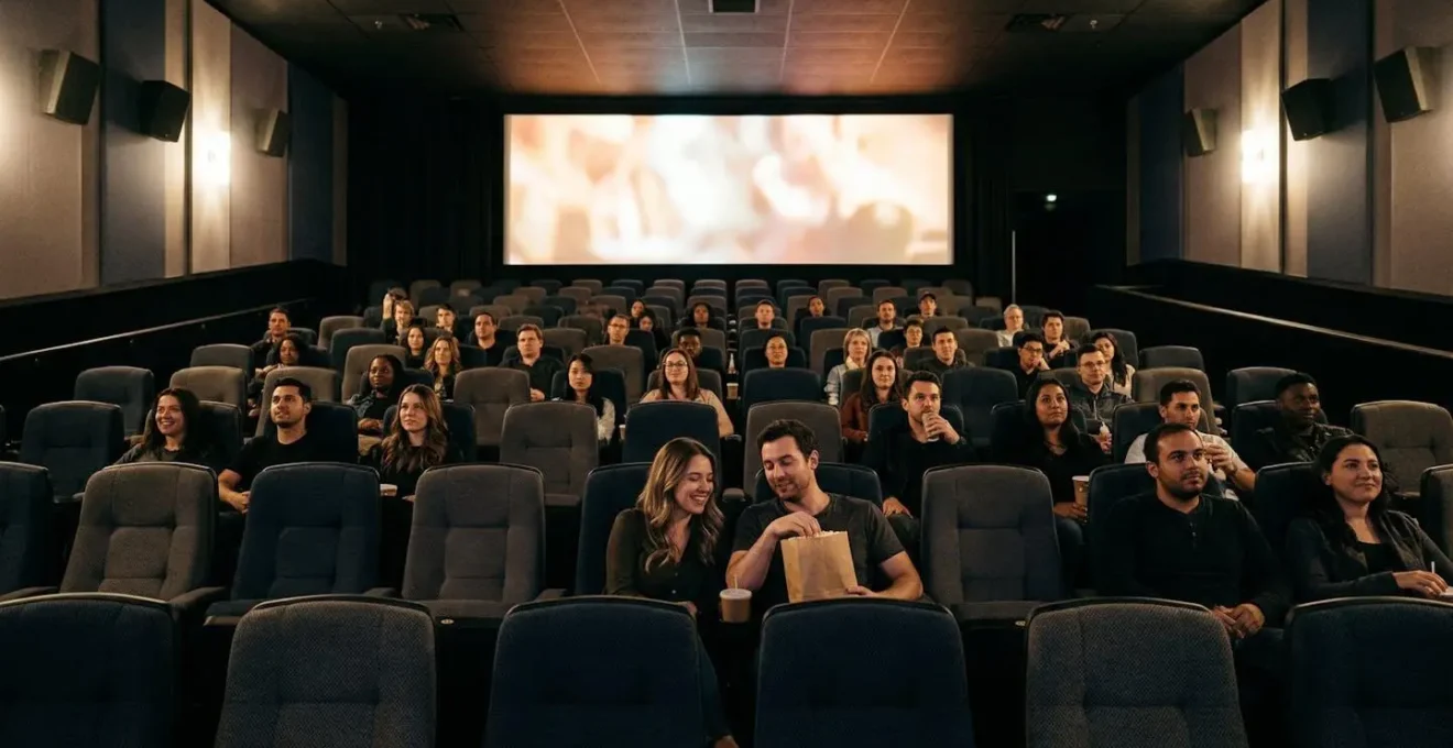 Vue cinématographique d'une salle de cinéma moderne avec des spectateurs profitant du film et du pop-corn