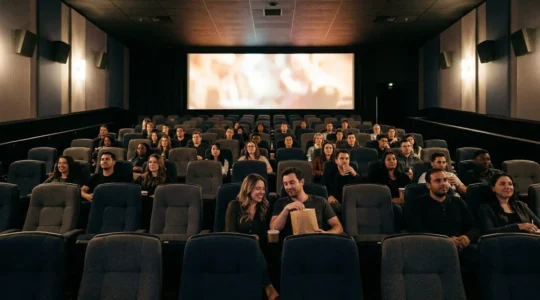 Vue cinématographique d'une salle de cinéma moderne avec des spectateurs profitant du film et du pop-corn