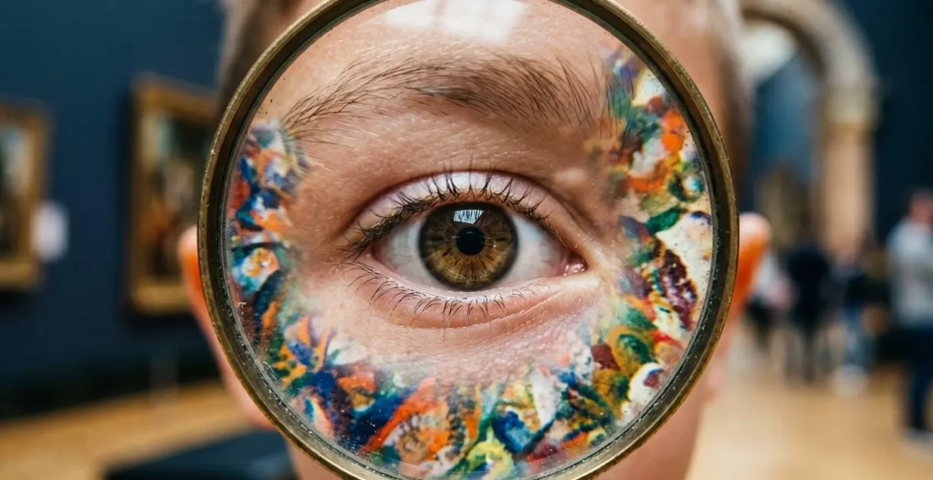 Enfant jouant au détective devant un tableau, observant des détails avec intensité
